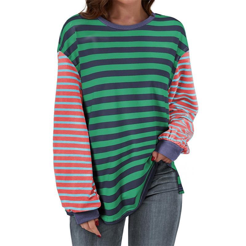 Plus Size Women's Spring and Autumn New Loose Casual Striped Round Neck Long Sleeve T shirt