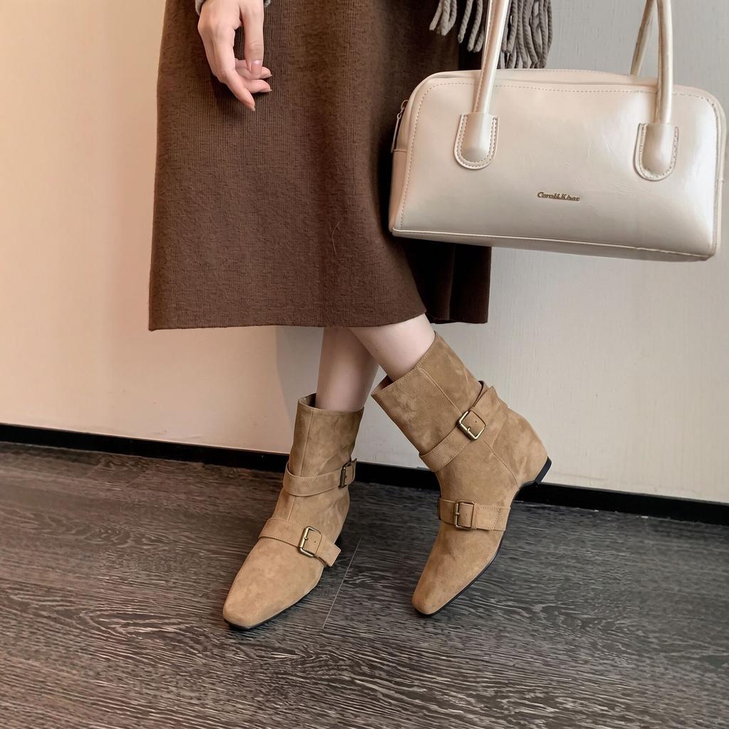 Inner height increase~ retro suede small square head short boots for women, new comfortable and versatile thin boots for women in autumn and winter