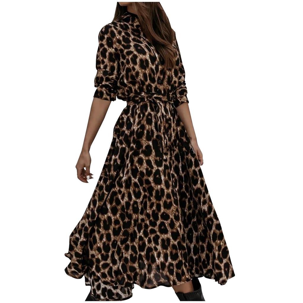 Fashion Sexy Printed Long Dress Stand Collar Single Breasted Leopard Dress