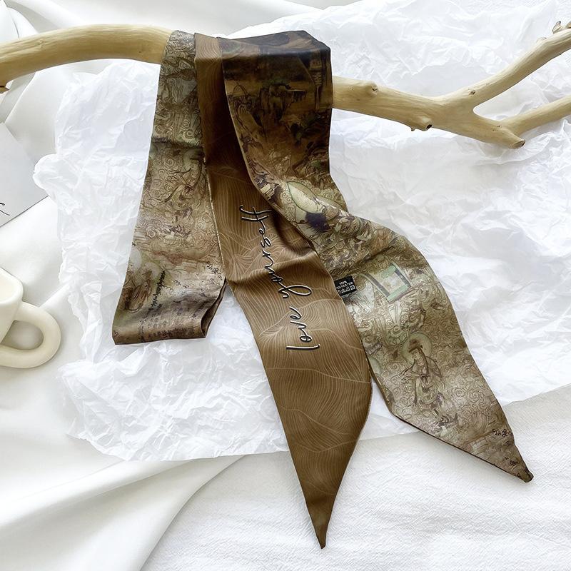 Women Narrow Short Scarf 85X6Cm Print Pattern Chiffon Silk Rubber Black Bag Ribbon Headbands Choker Streamer Lady Accessories