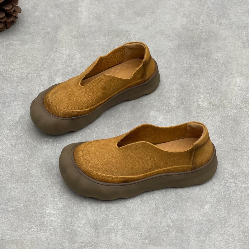 Johnature Vintage Handmade Genuine Leather Loafers Round Toe Thick Soled Cowhide Women's Slip-on Shoes