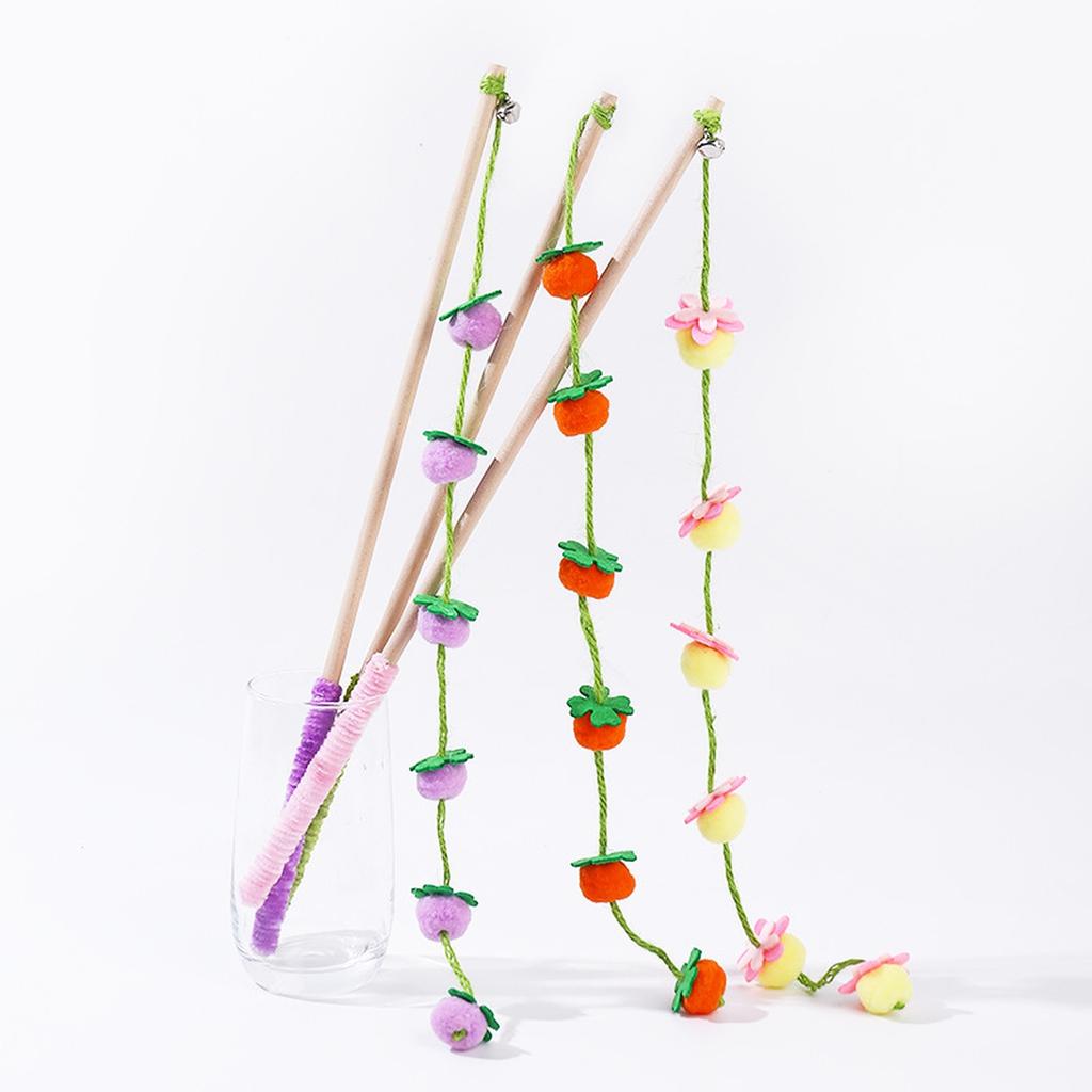  Teaser Toy: Solid Wood Long Pole with Bell, Fruit Design, Scratch-Resistant