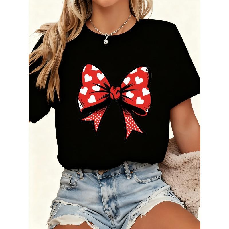Ladies  100% Pure Red T-Shirt, White Heart-Shaped Polka Dot Short Sleeved Round Neck Casual Top, Loose H-Shaped Summer and Autumn Styles, S чёрный