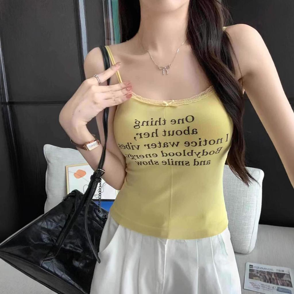 #Vest Small Suspender Women's Niche Print Casual Sweet and Spicy Bottoming Shirt Bow Lace Edge Pure Desire Top