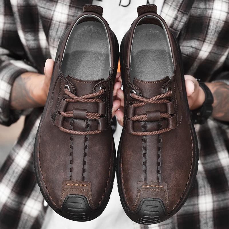 Men's sleeve casual leather shoes 2024 spring and autumn models outer wear breathable low-top business large-size sewn leather shoes