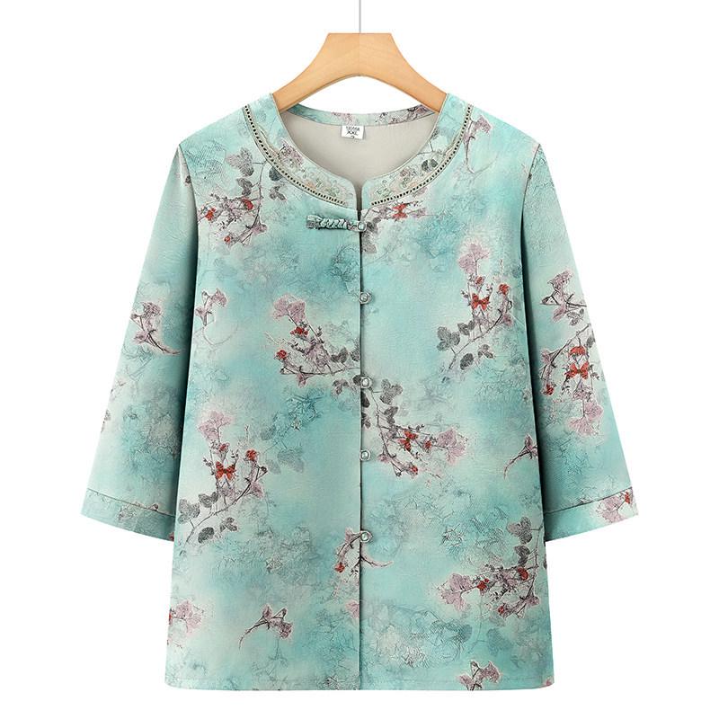 

Grandma s Chinese-Style Mid-Sleeve Summer Top for Middle-Aged Women XL (90-105 jin) зелёный