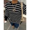 Women Striped Crew Neck Fake Two Piece Loose Long Sleeve Casual Sweatshirt