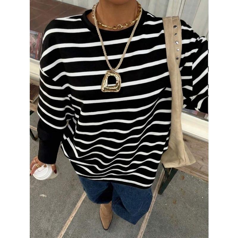 Women Striped Crew Neck Fake Two Piece Loose Long Sleeve Casual Sweatshirt