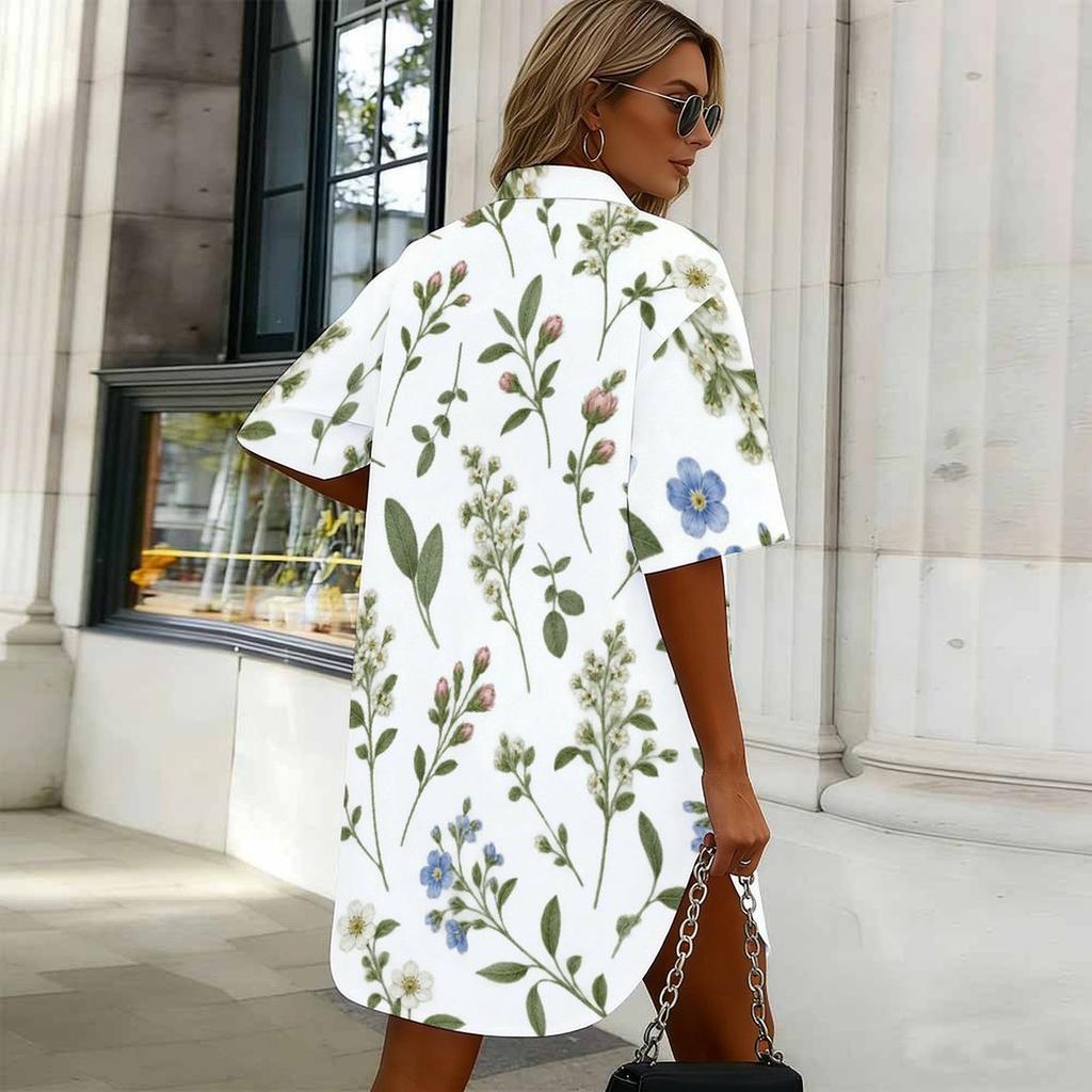 Women Plus Size White Floral Printed Collared Short Sleeve Button Front Curved Hem Shirt Dress
