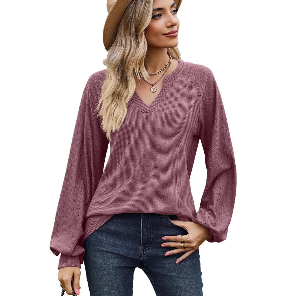 2023 European & American Solid Color V-Neck Splicing Long-Sleeve Loose T-Shirt for Women