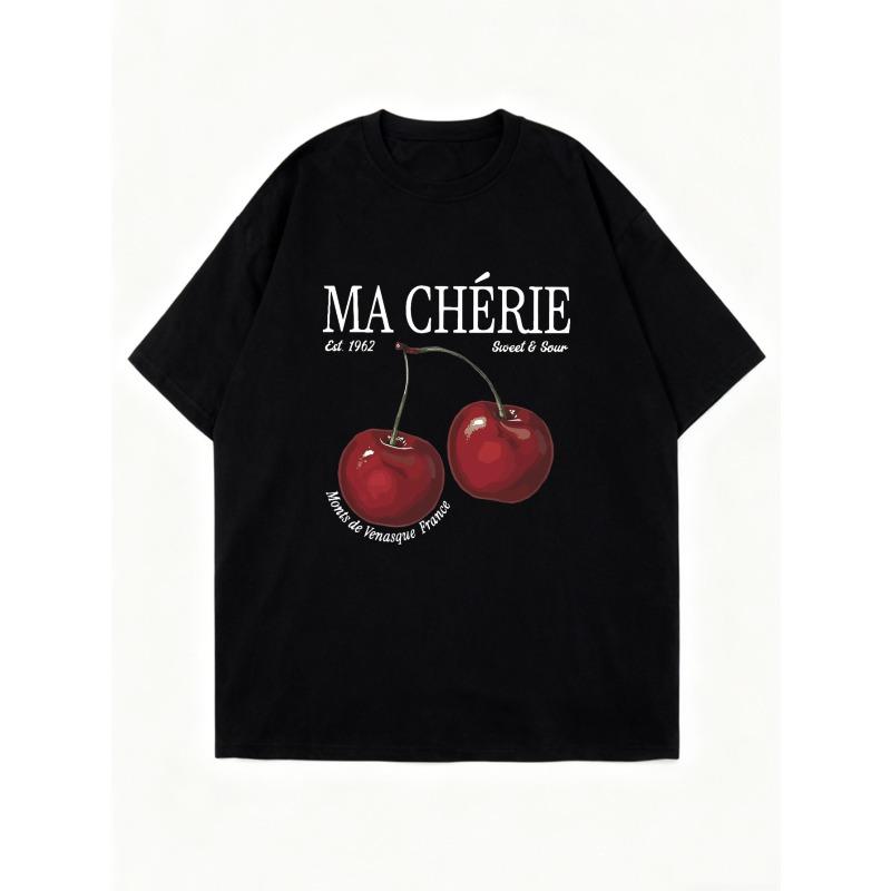 Oversized T Shirt Black Cherry Print Ma Cherie Sweet And Sour Text Women Casual Summer Wear