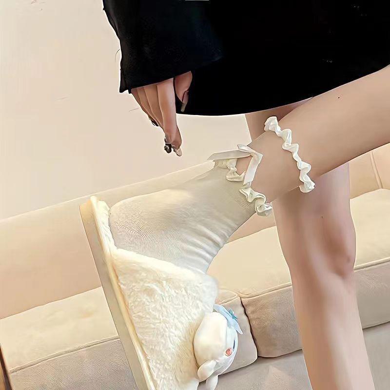Lolita Bowknot Hollow Out Socks Girly Lace Sweet Bow Sock Casual Crew Loose Sox Summer Thin Breathable Mid-Tube Stockings Gifts