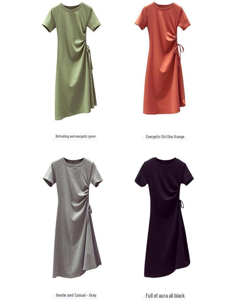 Avocado Green Summer 2021 Waist-Slimming Korean Style Drawstring T-shirt Dress for Women