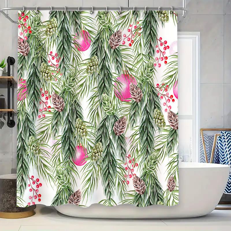 Greenery Bathroom Shower Curtain Set Featuring Pine Cones Poinsettias Christmas Home Decor In White with Red Accents (40 X 72)