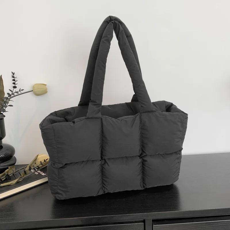 Quilted Plaid Bag Women Tote Handbags Retro Trendy Checkered Waterproof Shoulder Bag Solid Color Winter Soft Large Capacity Bags