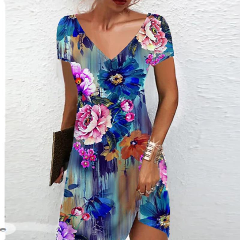 Summer Fashion Women's V Neck Short Sleeve Retro Flower Printed  Dress Sex Short Skirt Dresses