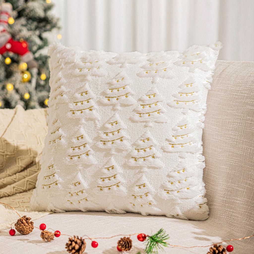 Christmas Tree Pillow Cover Embroidered Cushion Case for Sofa Decor with Colorful Lights