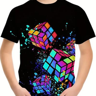 Camiseta de Verano para Niños y Niñas con Estampado 3D de Cubo Rompecabezas, Moda Diseño de Patrón de Cubo de Rubik, Camiseta Ropa Tops Streetwear para Niños