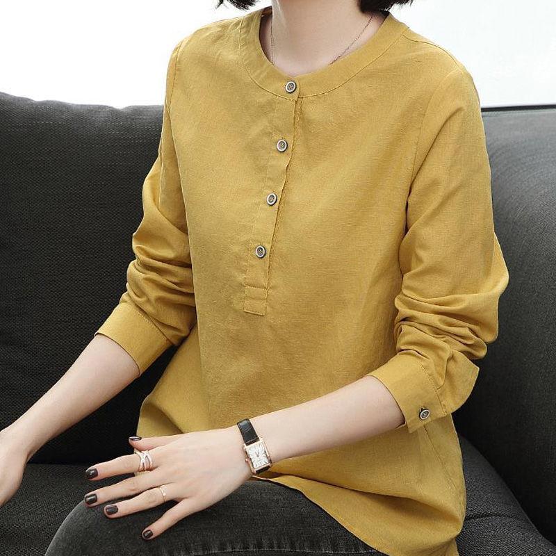 Cotton Linen Shirt Women's Long Sleeved Loose Spring Outfit Stand Up Collar Fashionable Plus Size Casual Linen Top