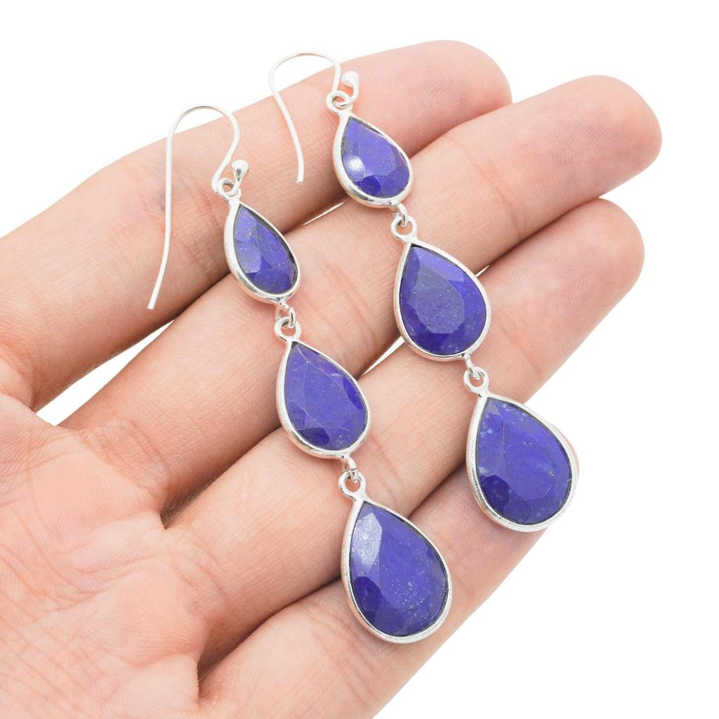 Natural Lapis Lazuli Dangle Earrings: 925 Sterling Silver