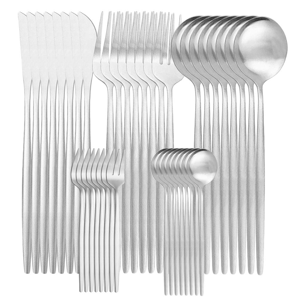 

Набор посуды 40 шт. Матовый черный набор столовых приборов Нержавеющая сталь Столовые приборы Вилка для торта и фруктов Кухонный нож Вилка Ложка Набор посуды серебряный