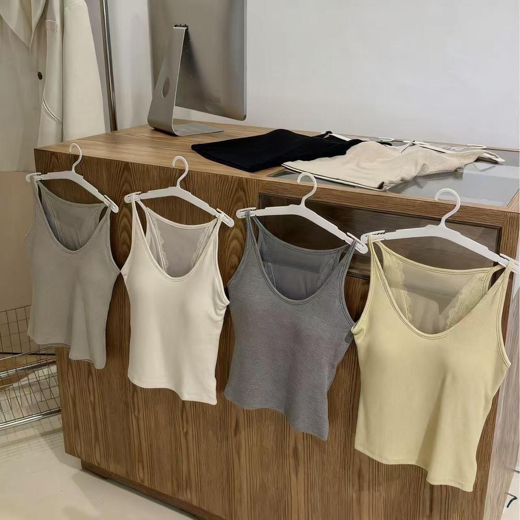 Sexy Ribbed Lace Tank Top with Padded Cups and Spaghetti Straps