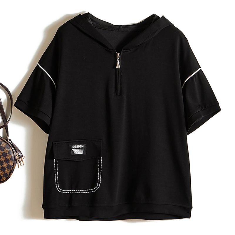 

Japanese Style Export Orders! Slow Hands ~ Girls Cotton Hooded Bright Line Short-Sleeved Hoodie Summer Breathable Sweat Absorbing T-shirt Welfare Black L