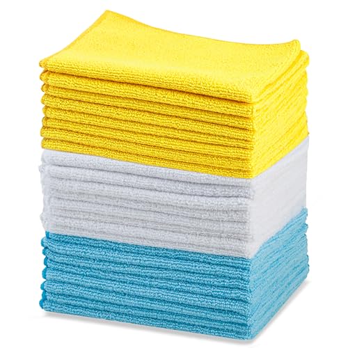 Amazon Basics Microfiber Cleaning Cloths, Thin, Car Wash Wipes, 24 Pack, Blue, White, Yellow,