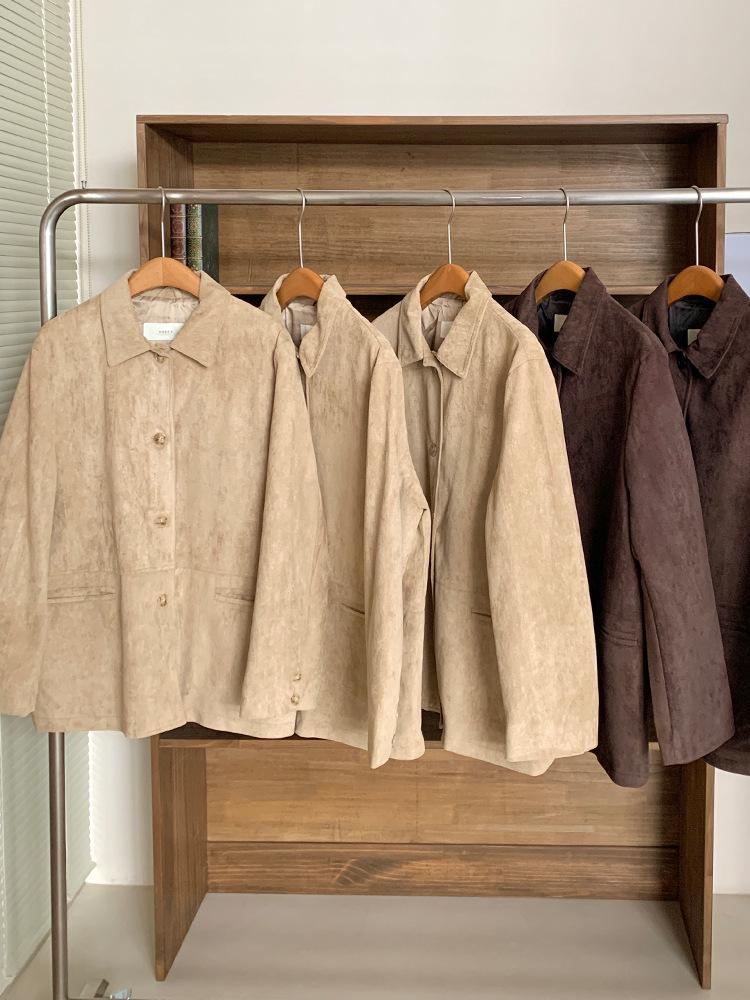 In-Stock Suede Lapel Jacket - Korean Style, Mid-Length, Khaki, Autumn Retro, Loose Fit
