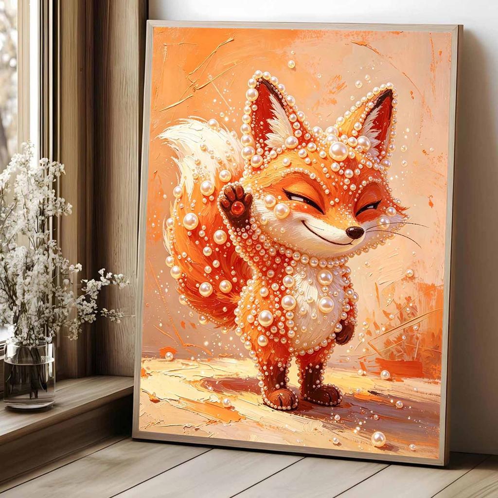 DIY 5D Pearl Bead Painting Kit with Frame Cute Orange Fox Portrait Shiny Canvas Art for Bedroom Wall Decor and Gift for Home Decoration