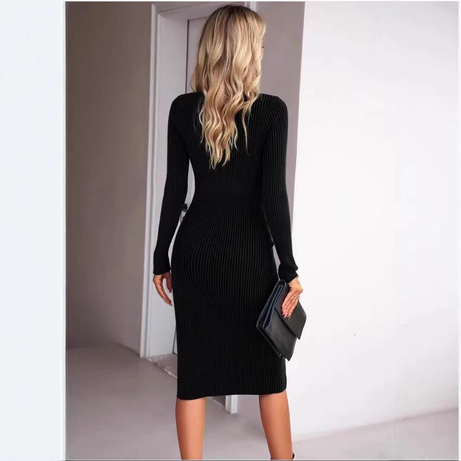 Elegant Slim Fit Long Sleeve Knit Dress with Slit - Spring & Autumn Collection