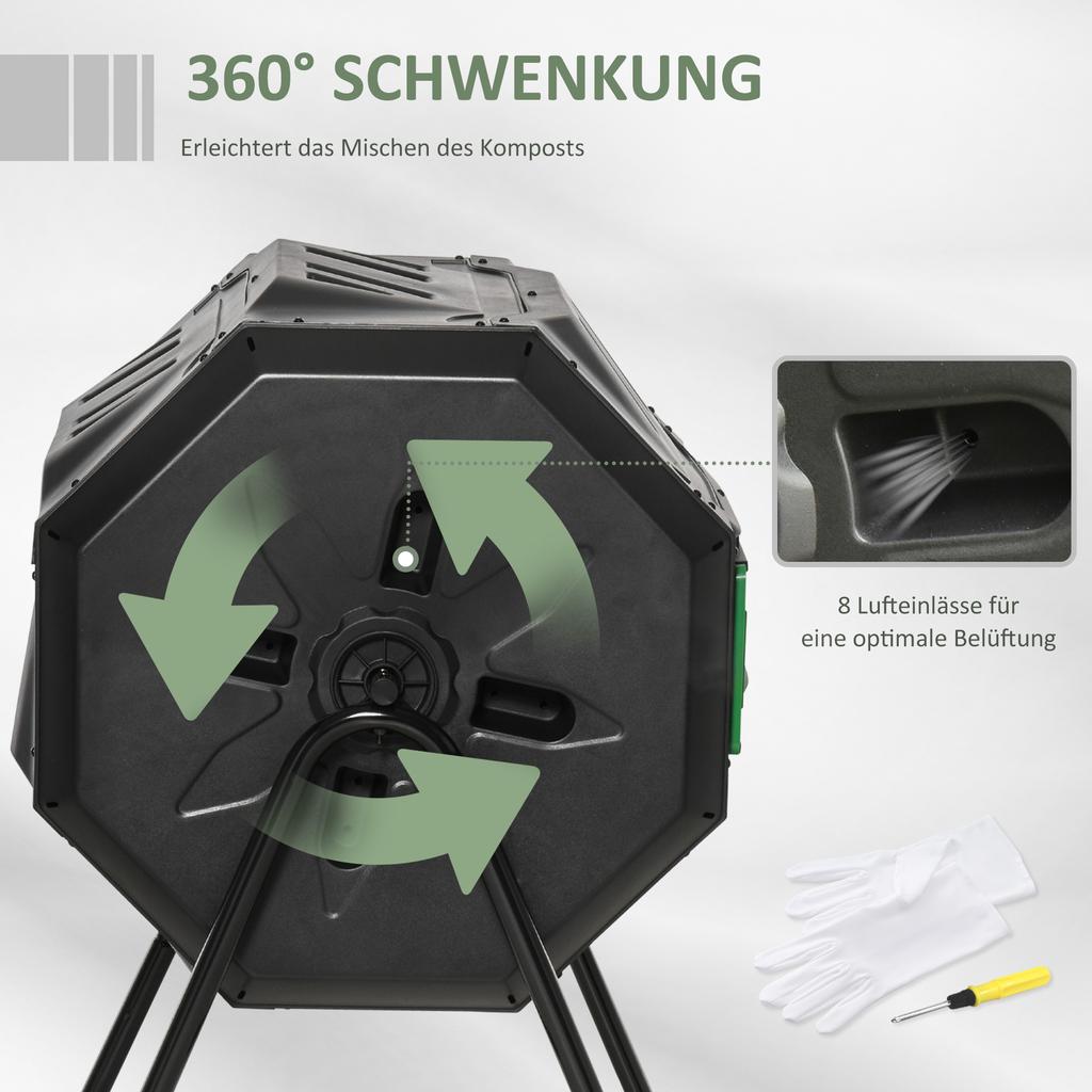 160L 360 Degrees Rotating Dual Chamber Composter - Black