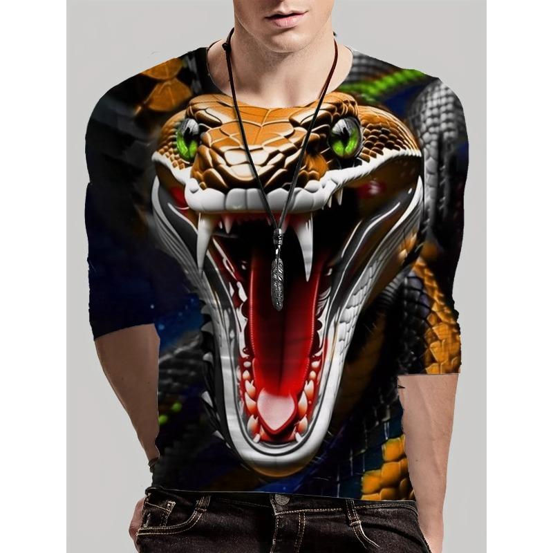 Round Neck 3D Snake Printed Top Casual Long Sleeved Men's T-shirts - Soft Medium Stretch Polyester Fabric Spring and Autumn Relaxed Fit Clothing