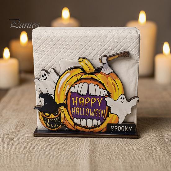 Fall Table Decor Halloween Wooden Napkin Holder, Ghost Pumpkin Decorative Tabletop Tissue Dispenser, Square Storage Box Paper Organizer for