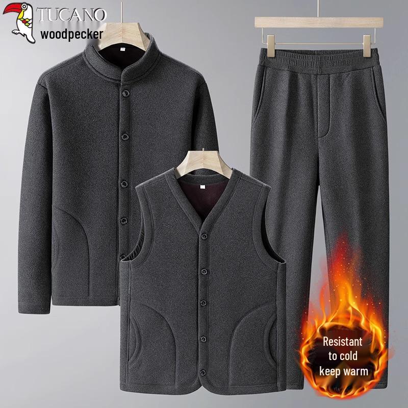 Woodpecker Dad Winter Fleece-Lined Men's Three-Piece Set: Thickened Cotton Coat, Vest, and Cardigan Jacket for Middle-Aged and Elderly.