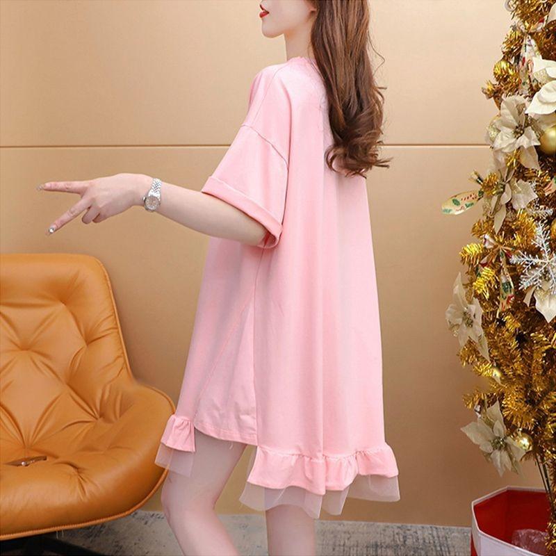 Summer O Neck Loose Casual Printing Mesh Patchwork T-shirt Dress Women Short Sleeve Pullover Tee Robe Top