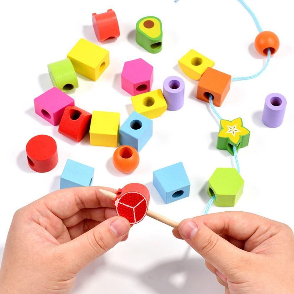 Montessori Color Shape Cognition Toys Fruit Color Shape Wooden Beads Sequencing Toy  Boys Girls