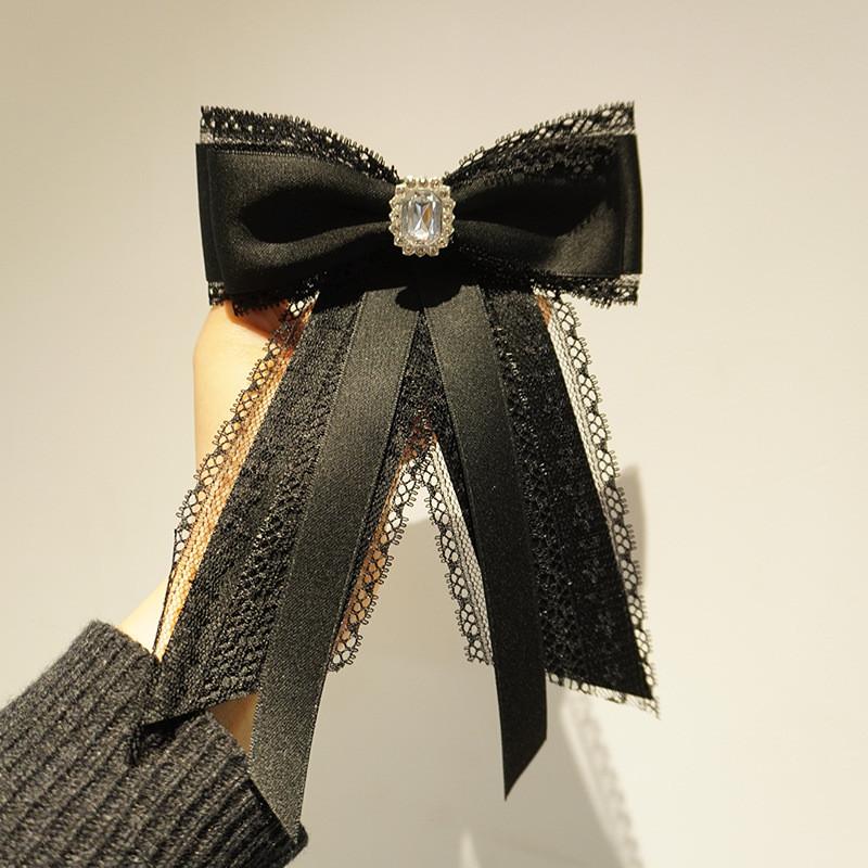 Black Lace Bow Tie With Rhinestone Brooch For Womens Fashion Accessories
