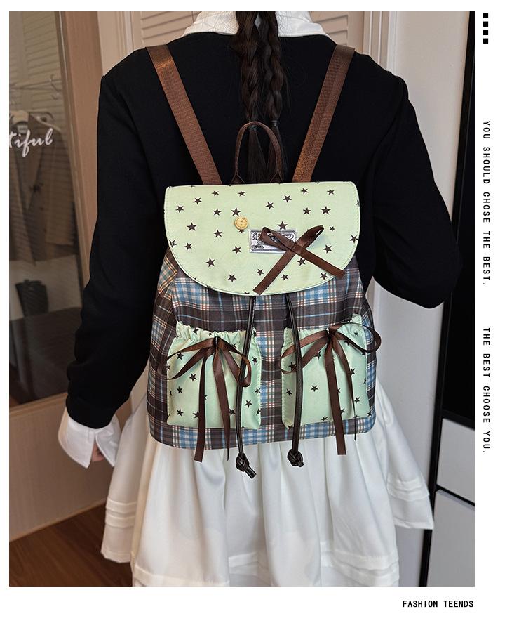 Schulranzen Koreanische Version Trend Ins Rucksack Damen Große Kapazität Vielseitig Kariert Süße Schleife Schüler Schulranzen Sternen Rucksack