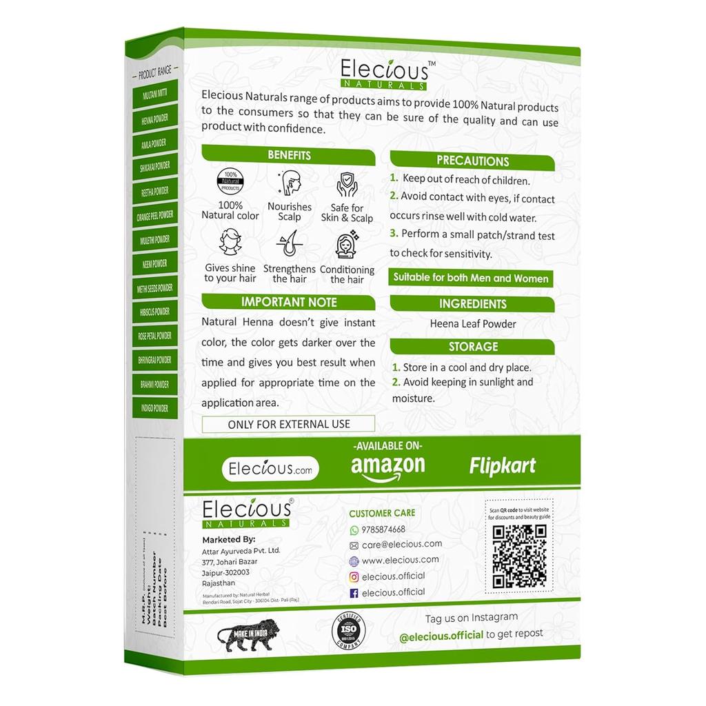 Elecious Natural Henna Powder for Hair Color and Growth Silicone Free, Ammonia Free, Sulphate Free, Synthetic Color-Free, Paraben Free 200gm
