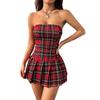 Red Plaid Sleeveless Smocked Waist Mini Pleated Dress Women Street Style 2026