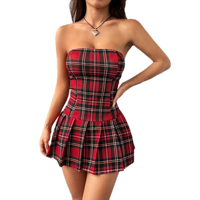 Red Plaid Sleeveless Smocked Waist Mini Pleated Dress Women Street Style 2026