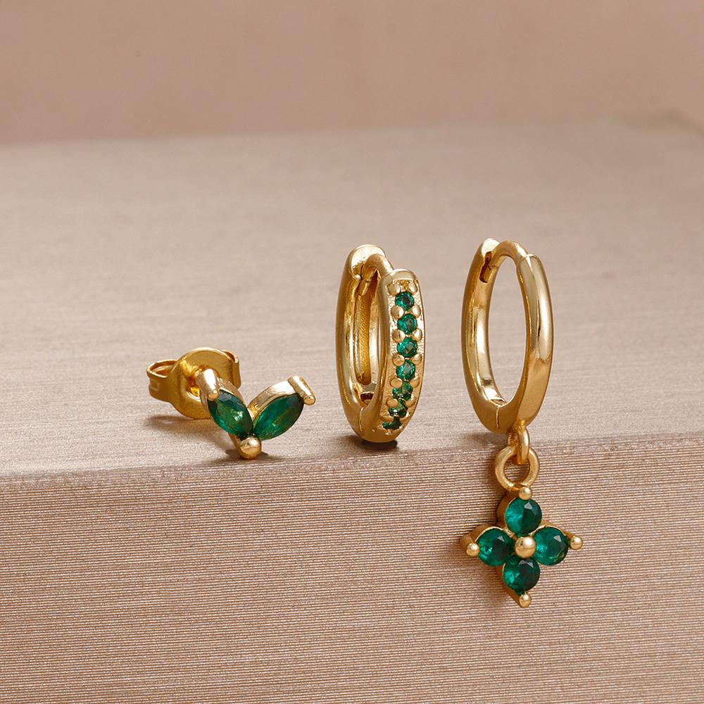 3PCS 12 Styles Green Cubic Zirconia Flower Pendant Earring Set For Women Stainless Steel Round U-Shape Hoop Earring Jewelry