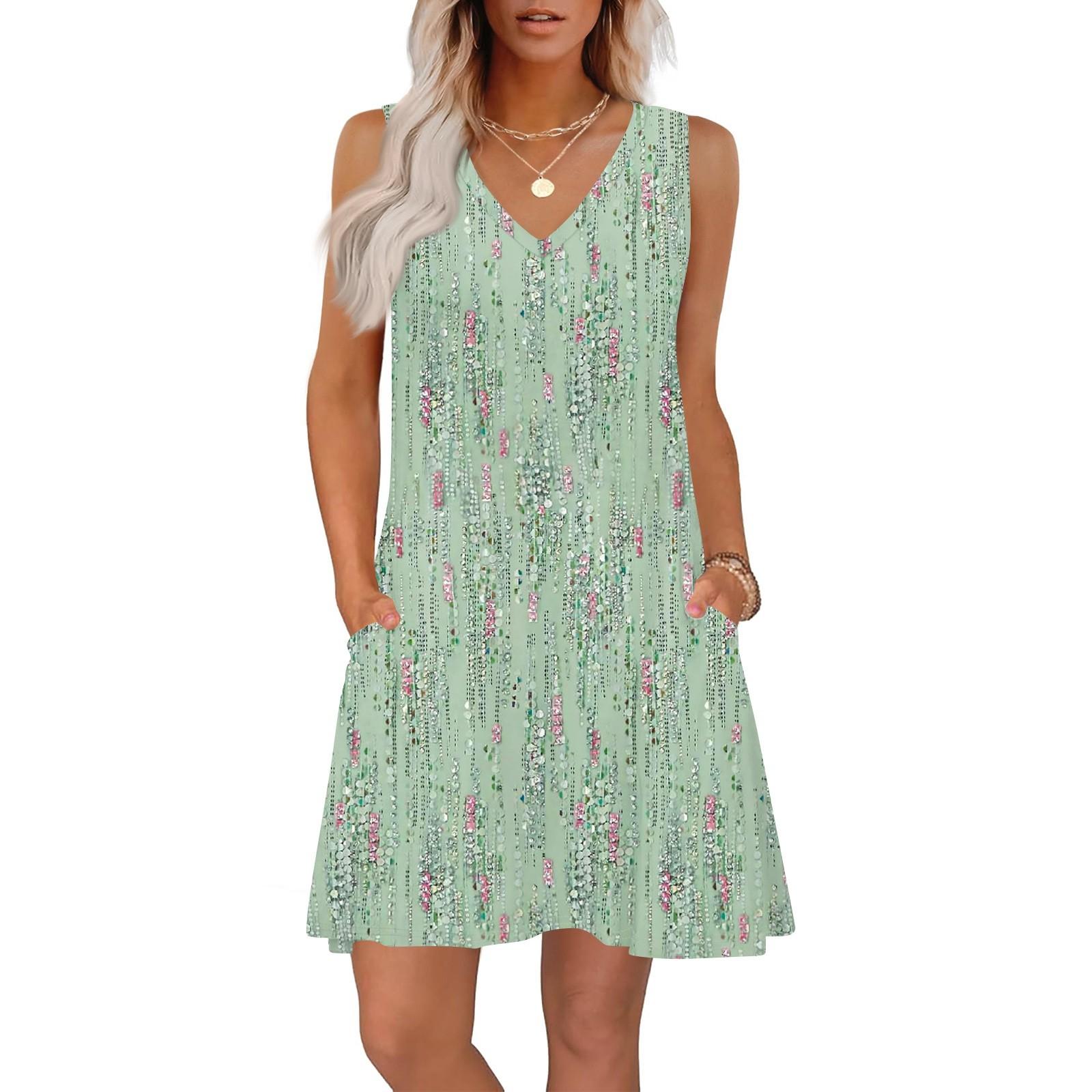 

Women s Summer Dresses Loose Fit Printed V Neck Sleeveless Sundresses Beach Hawaiian Dress With Pockets XXL зелений