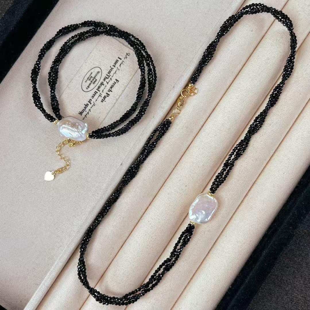 Vintage Natural Freshwater Baroque Pearl Artificial Black Tip Collarbone Chain Sweater Chain Necklace Autumn Winter