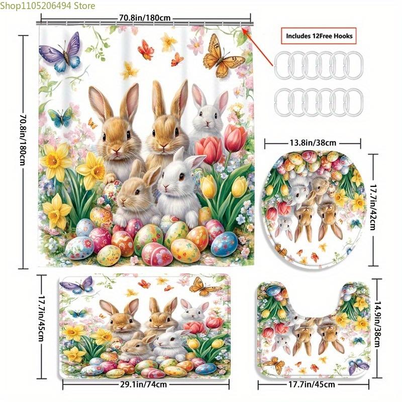 1/3/4pcs Easter Bunny & Egg Bath Set with Shower Curtain (180x180cm), Rug, U-Pad & Toilet Cover - Cute Spring Bathroom Decor,