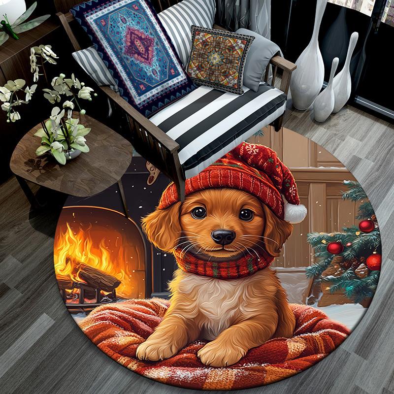 Santa Hat Puppy Round Area Rug,Carpet Rug for Living Room Bedroom Sofa Playroom Decor,Non-slip Floor Mat