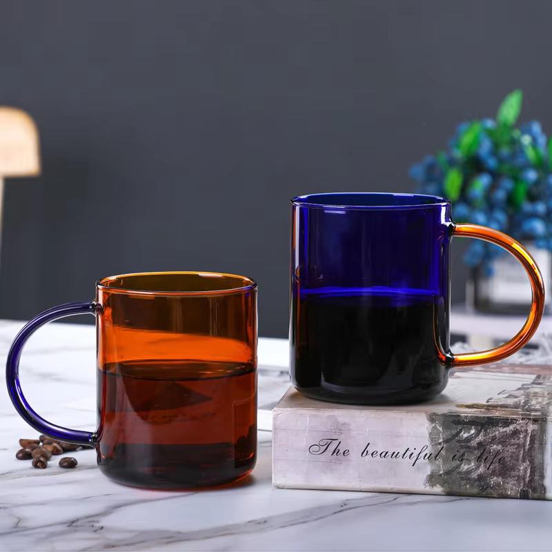 380ml Nordic Colored Glass Coffee Cup Heat Resistant Amber Blue Glass Mug with Handle for Tea Juice Water Household Use