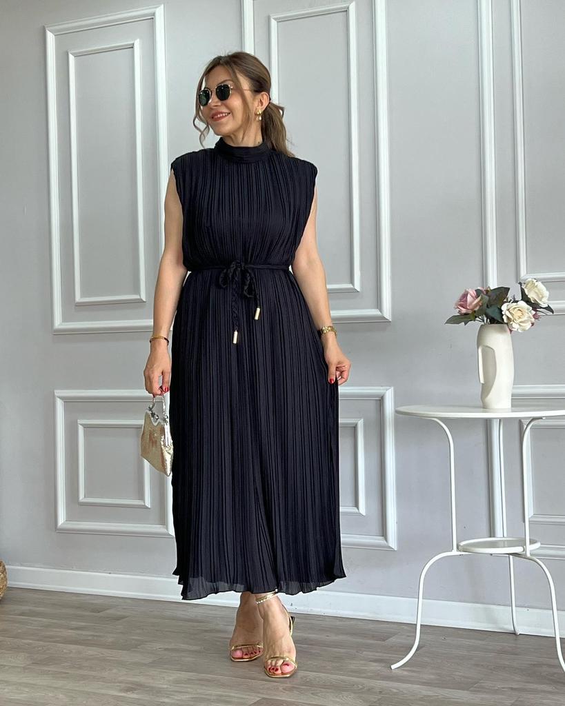 2024 Summer Women's Pleated Tie-Waist Mid-Length Dress