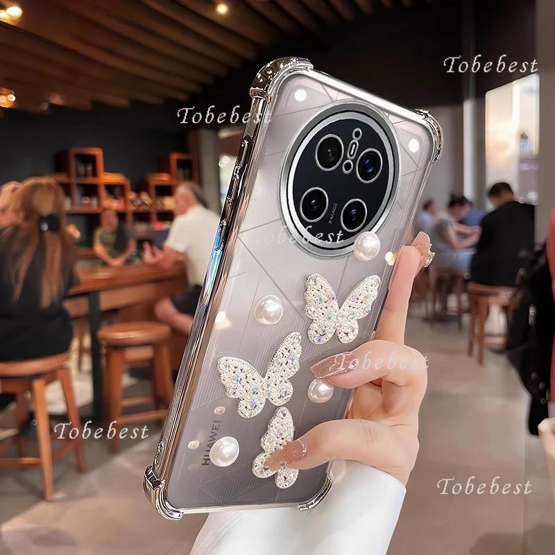 3D Pearl Butterfly Shockproof Plating Silicone Case for Huawei Mate 70 60 50 40 30 Pro Transparent Back Cover
